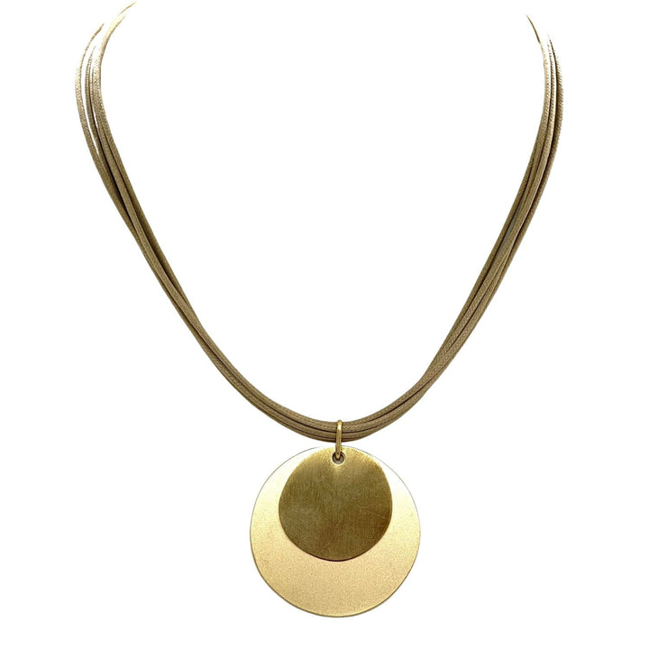 Matte Gold Double Disk Necklace on Gray Waxed Linen