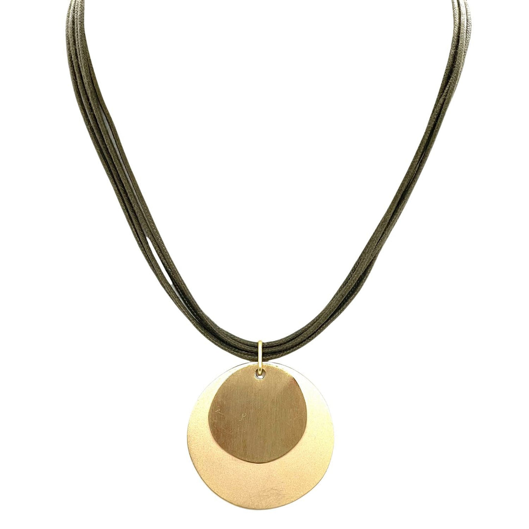 Matte Gold Double Disk Necklace on Gray Waxed Linen