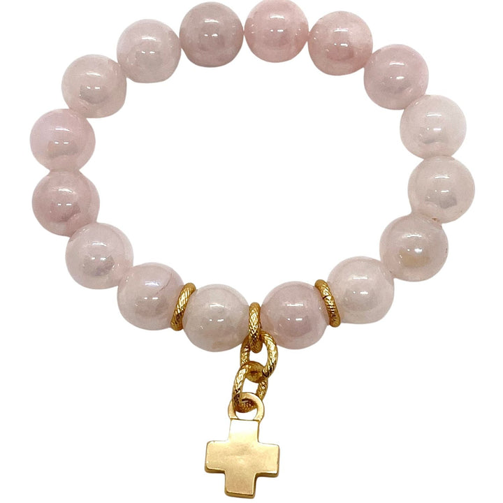 Glazed Rose Quartz Bracelet With Matte Gold Cross Charm