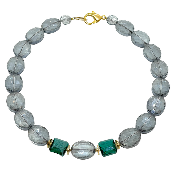 Grey Crystal Necklace with Teal Square Crystal Accents