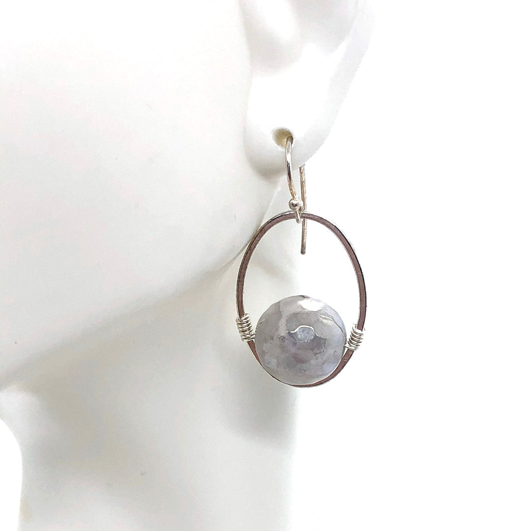 Gray Snowflake Glazed Agate Oval Earring