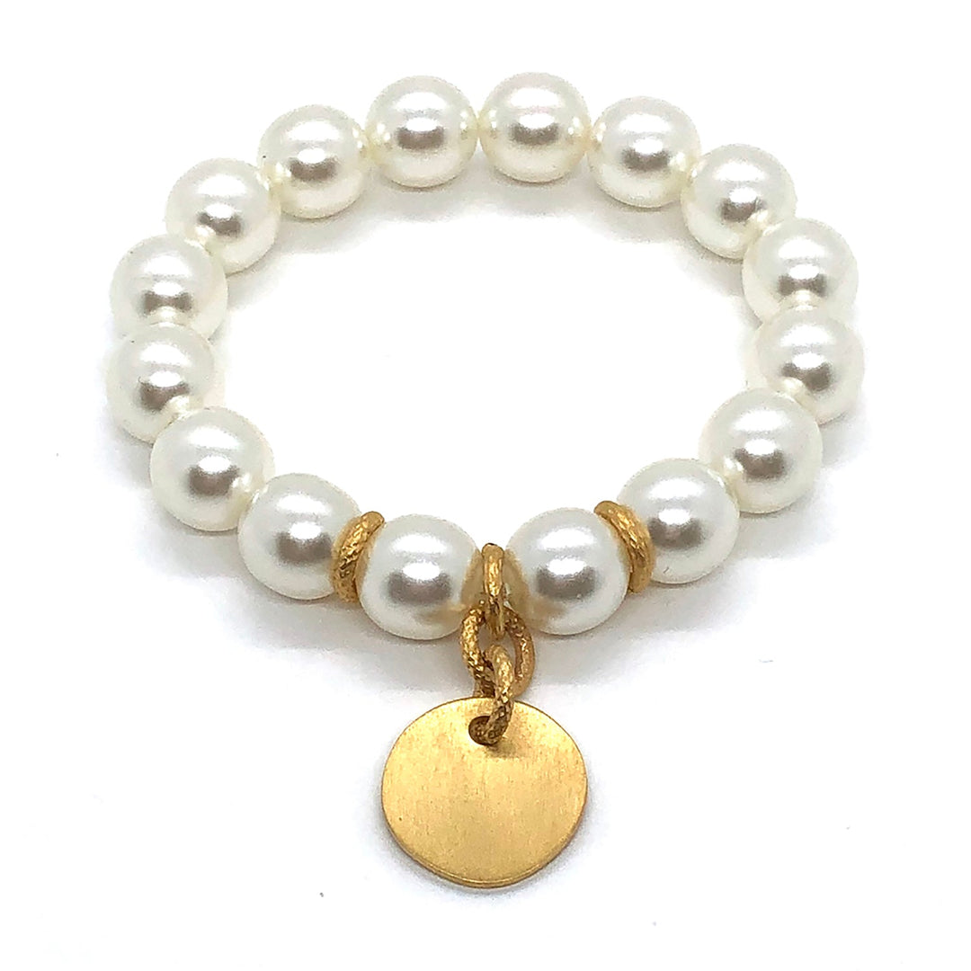 White Glass Pearl Matte Gold Charm Stretch Bracelet