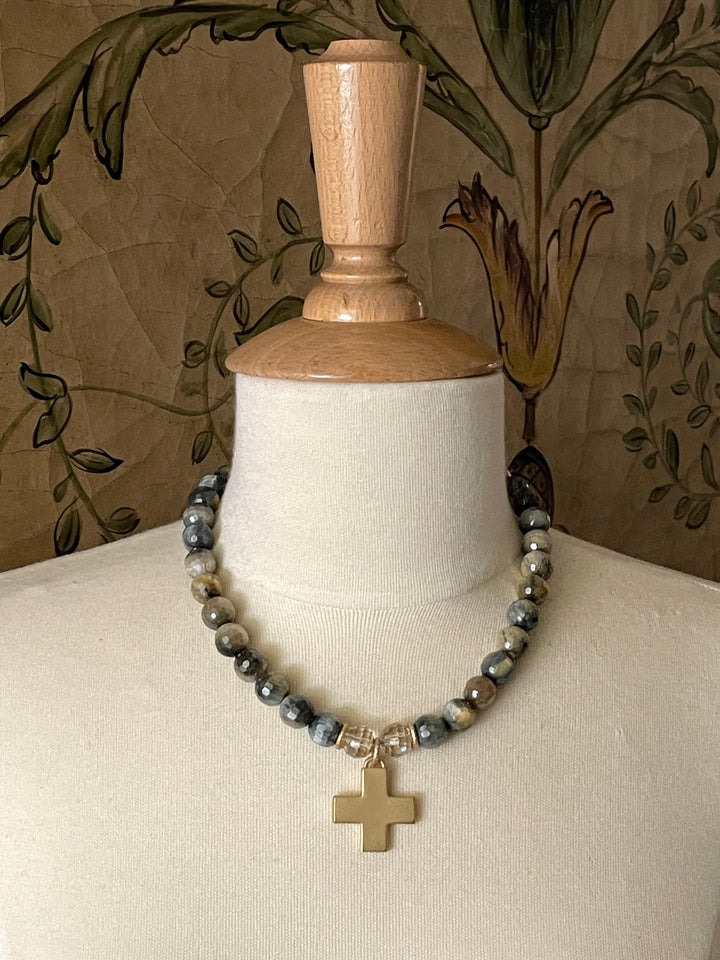 Blue Cream Tigers Eye and Champagne Crystal Necklace with Cross Pendant