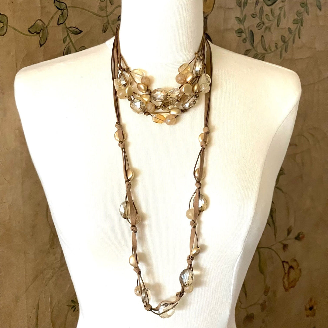Citrine Quartz and Champagne Crystal  Bronze Suede Long Necklace