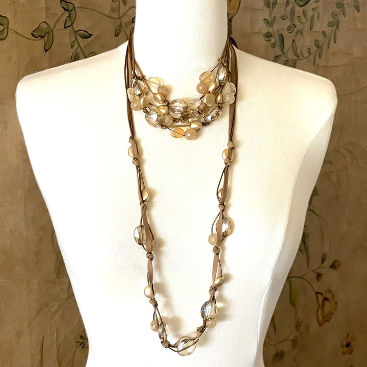 Citrine Quartz and Champagne Crystal  Bronze Suede Long Necklace