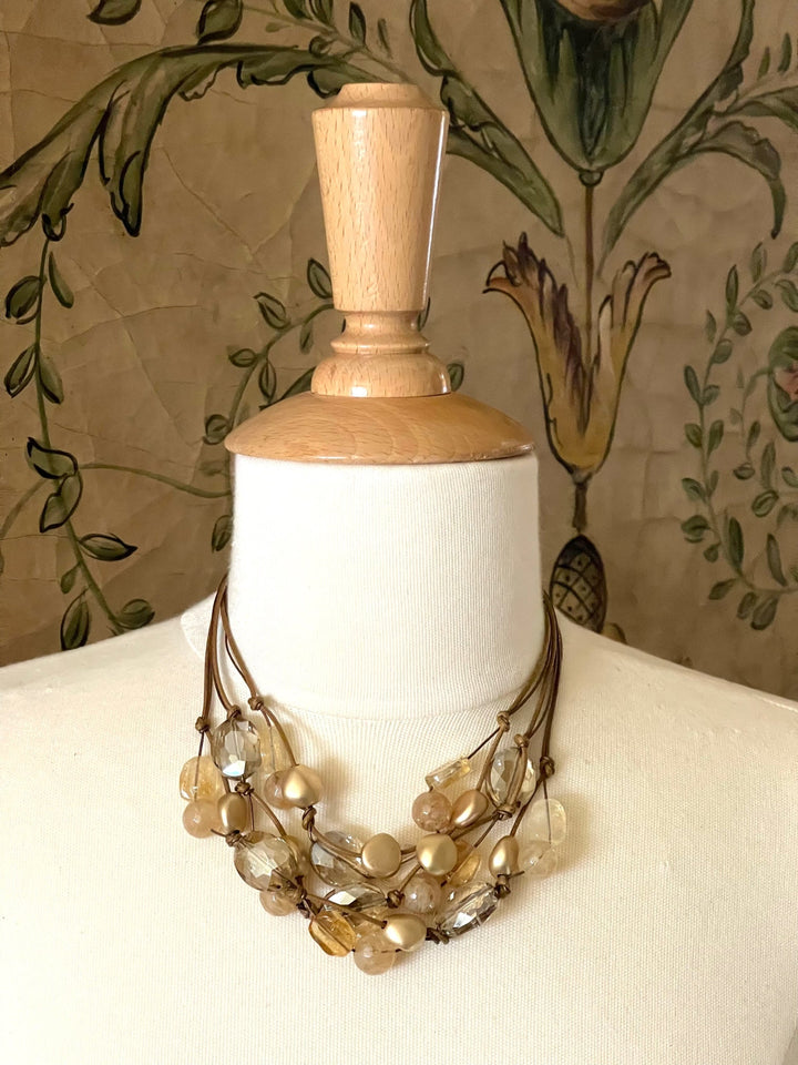 Citrine and Champagne Quartz Bronze Leather and Linen Torsade Necklace