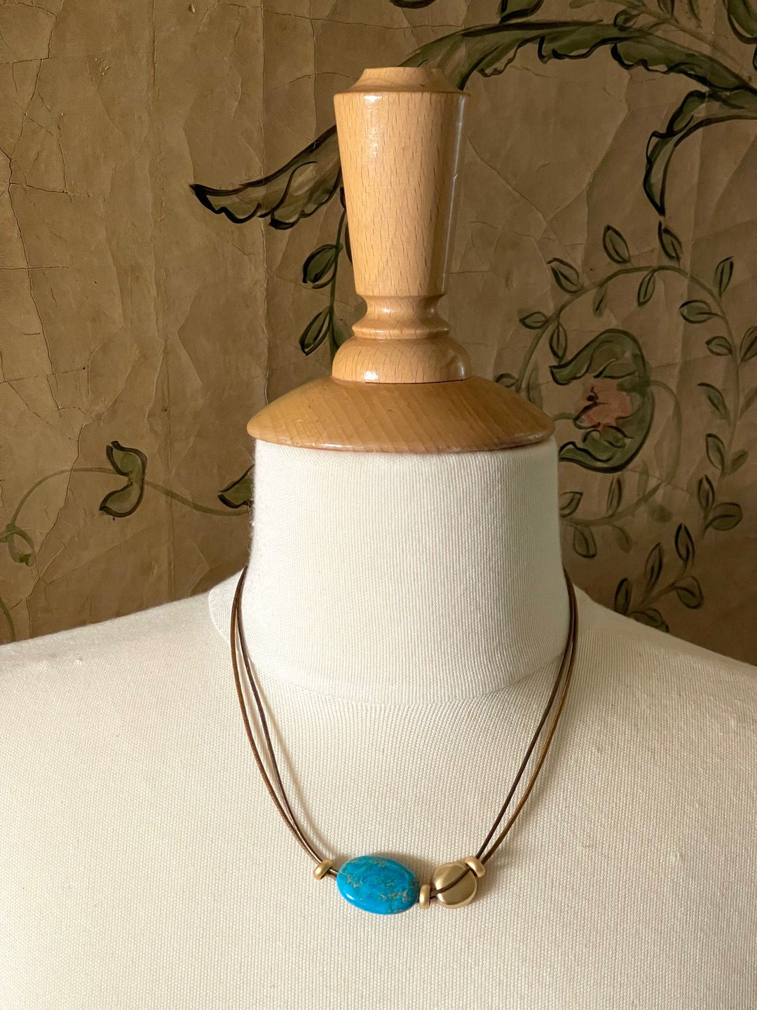 Turquoise Aqua Terra and Matte Gold Nugget Necklace on Bronze