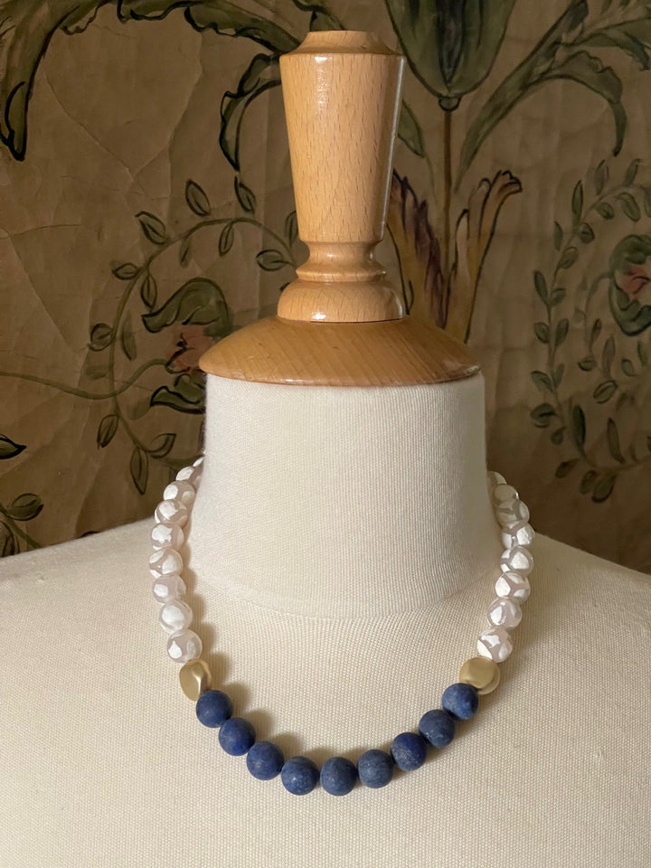 White Giraffe and Blue Lapis Beaded Necklace with Matte Gold Bead Accents