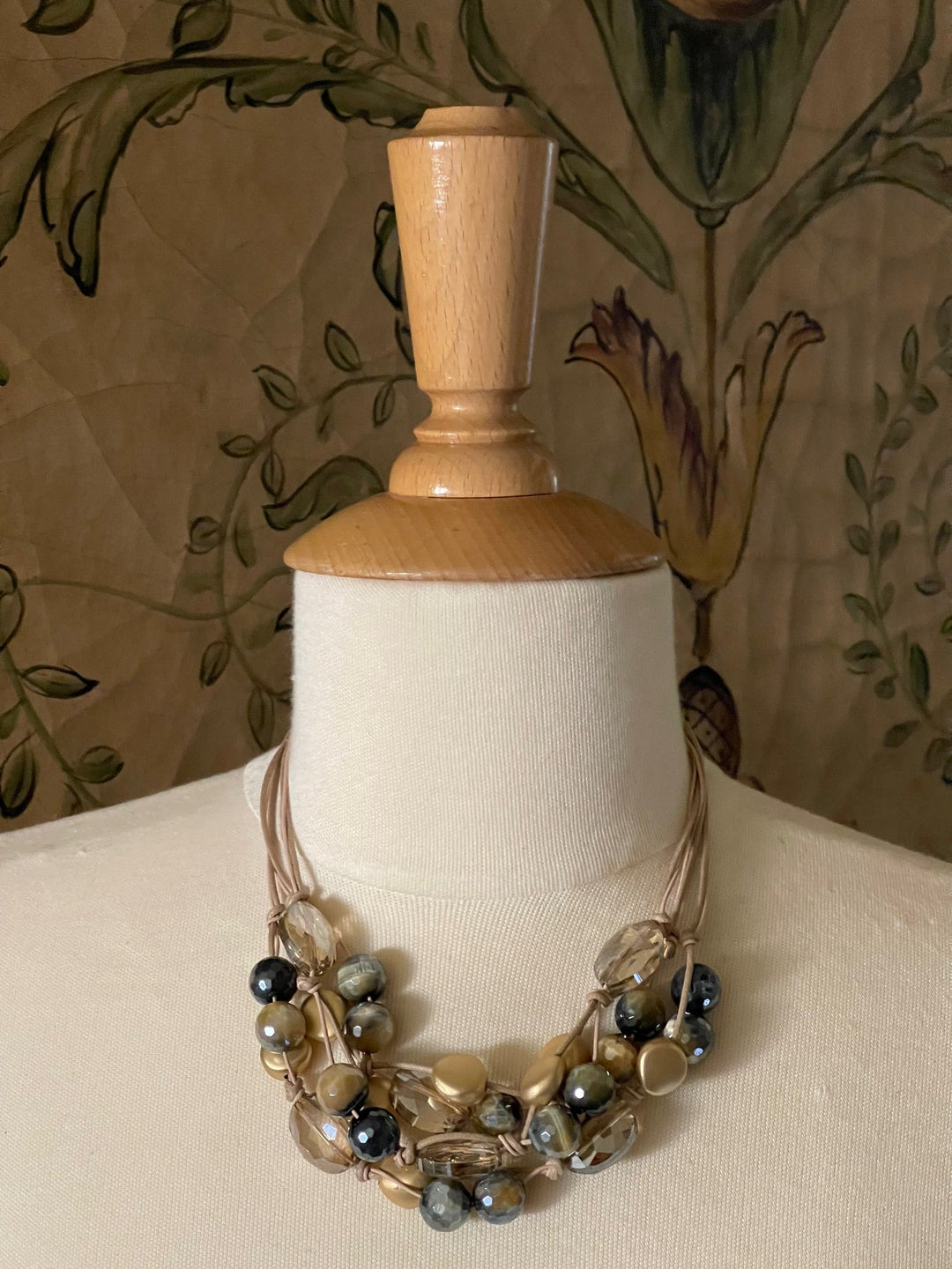 Blue Cream Tigers Eye and Champagne Crystal Torsade Necklace