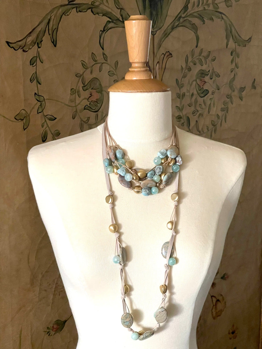 Blue Aqua Terra and Aqua Glazed Agate Matte Gold Natural Suede Layer Necklace