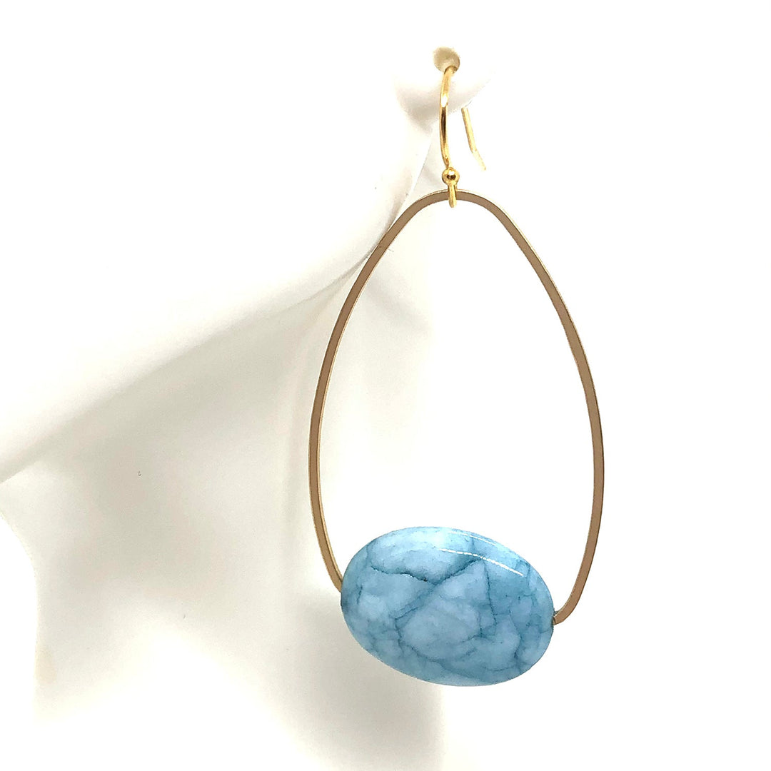 Blue Larimar Oval With Matte Gold Bead Graduated Putty Leather Necklace