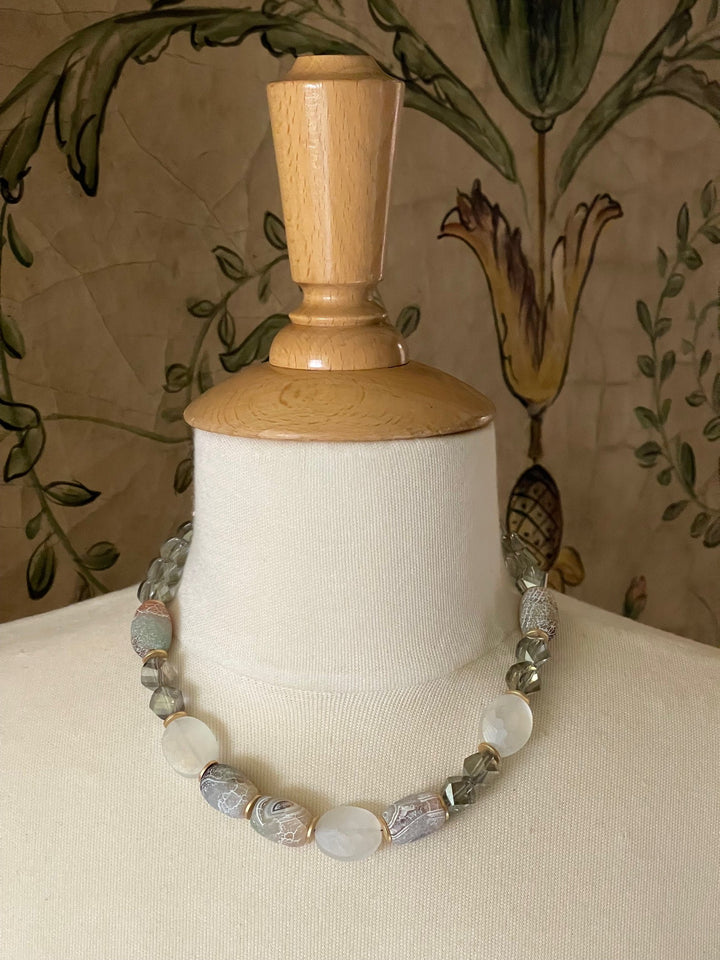 Fire Agate, Matte White Crystal, and Olive Crystal Necklace