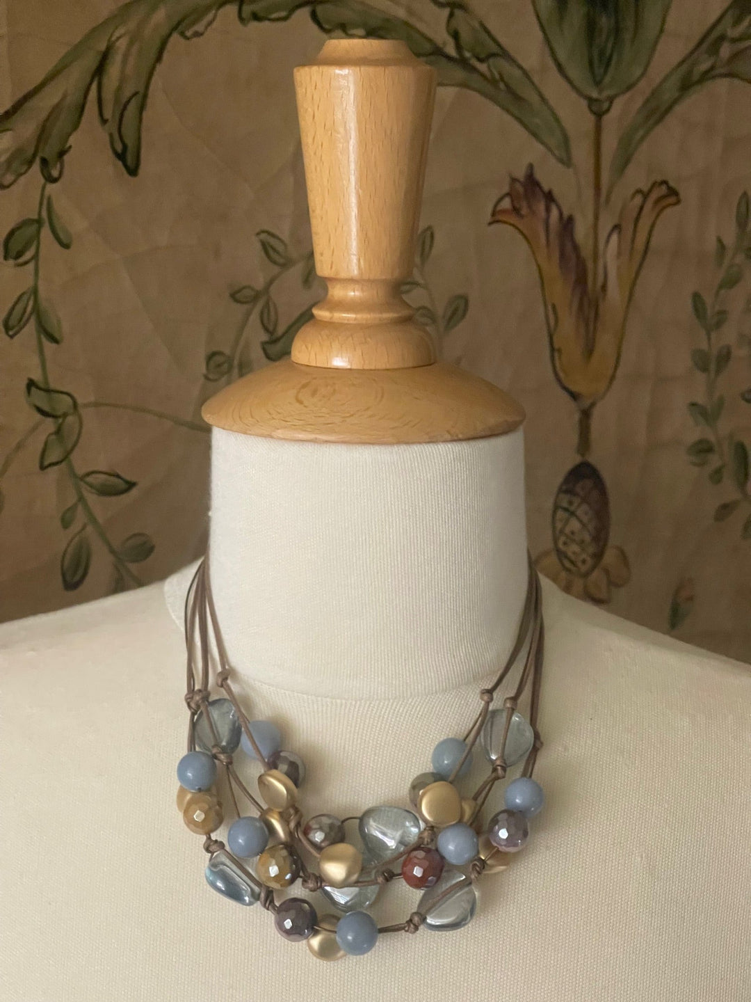 Blue Pressed Glass, Mookaite Gold Nugget  Taupe Bronze Leather Torsade Necklace