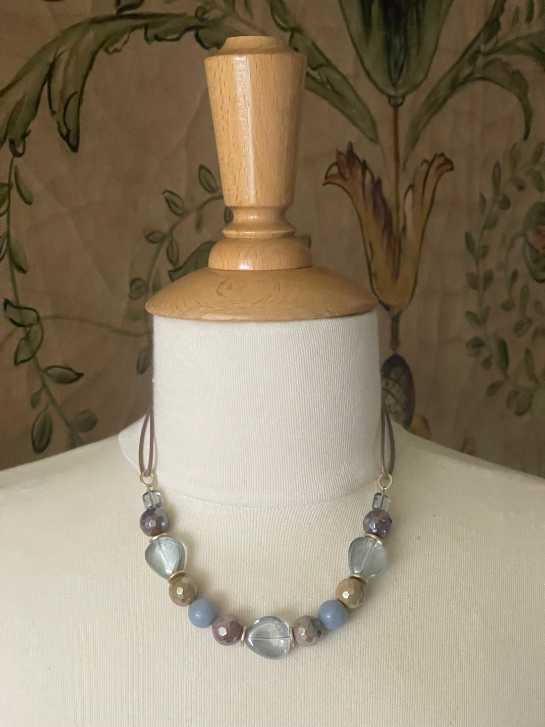 Mookaite, Blue Pressed Glass, Blue Jade, and Flat Matte Gold Nugget Necklace