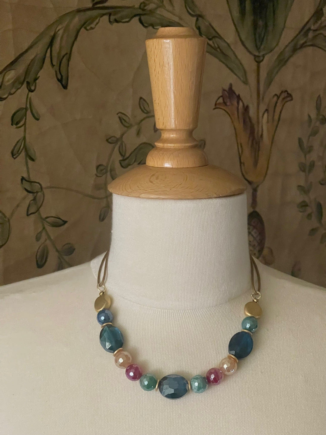 Multi Color Agate, Teal Crystal, and Flat Matte Gold Nugget Necklace