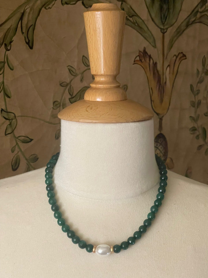 Green Jade With MOP Pearl Center and Matte Gold Accents Necklace