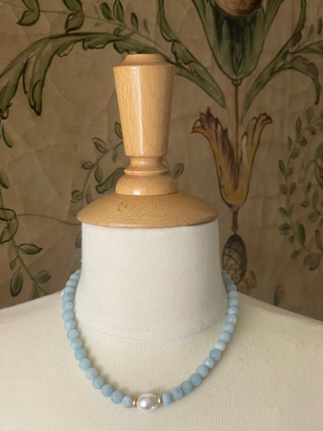 Matte Aquamarine With MOP Pearl Center and Matte Gold Accents Necklace