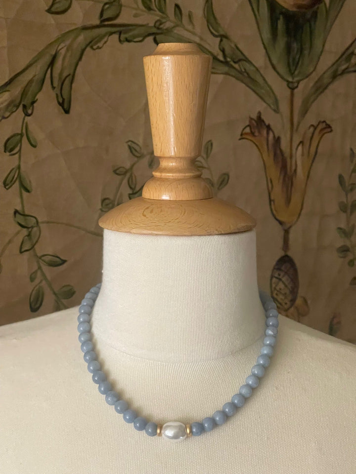 Blue Jade With MOP Pearl and Matte Gold Accents Necklace