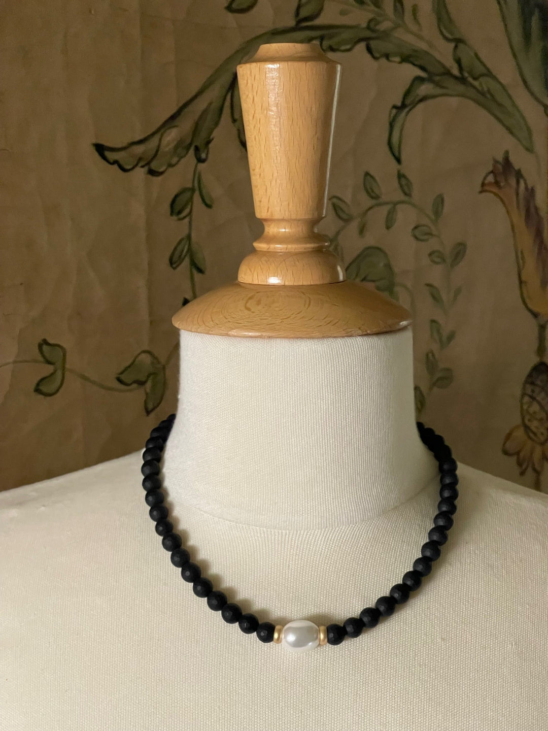 Black Onyx With MOP Pearl Center and Matte Gold Accents Necklace