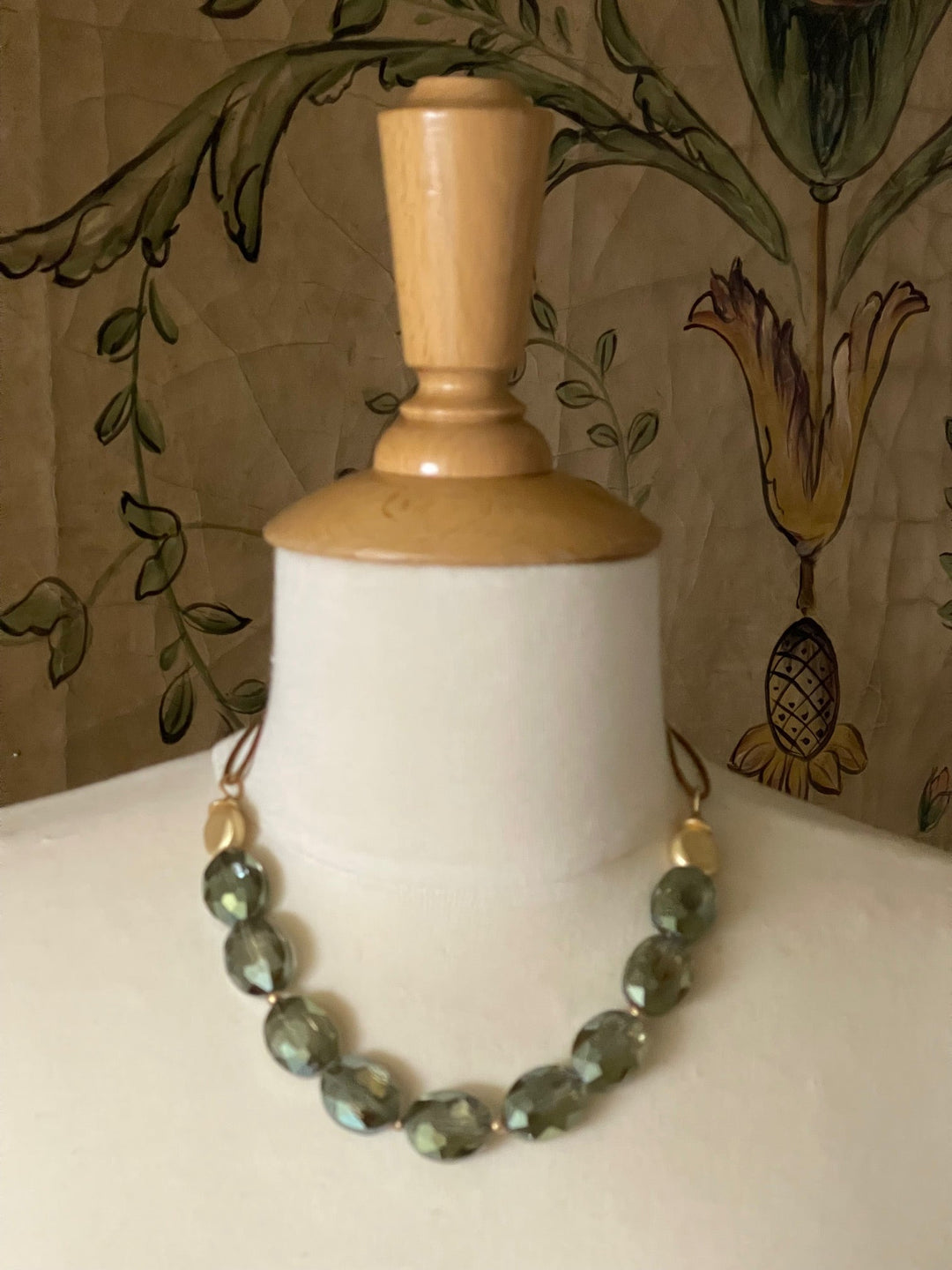 Olive Crystal and Flat Matte Gold Nugget Necklace on Bronze Linen