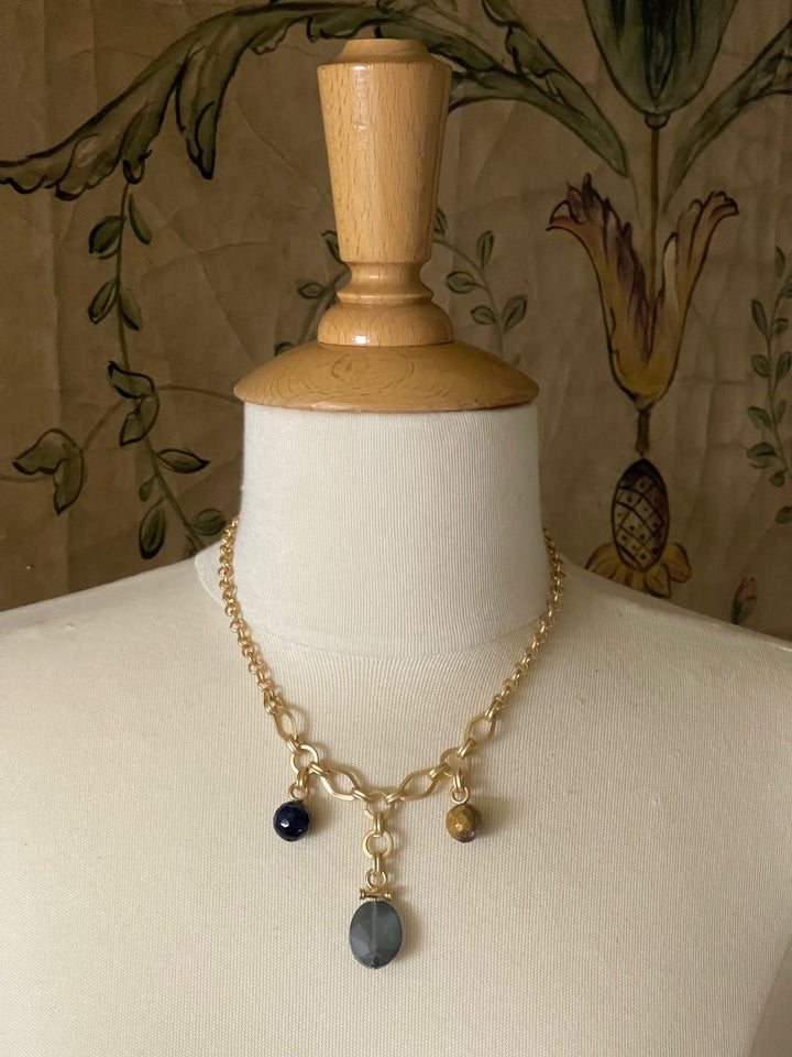 Three Charm Necklace With Matte Blue Crystal, Tiger Eye, & Blue Tiger Eye