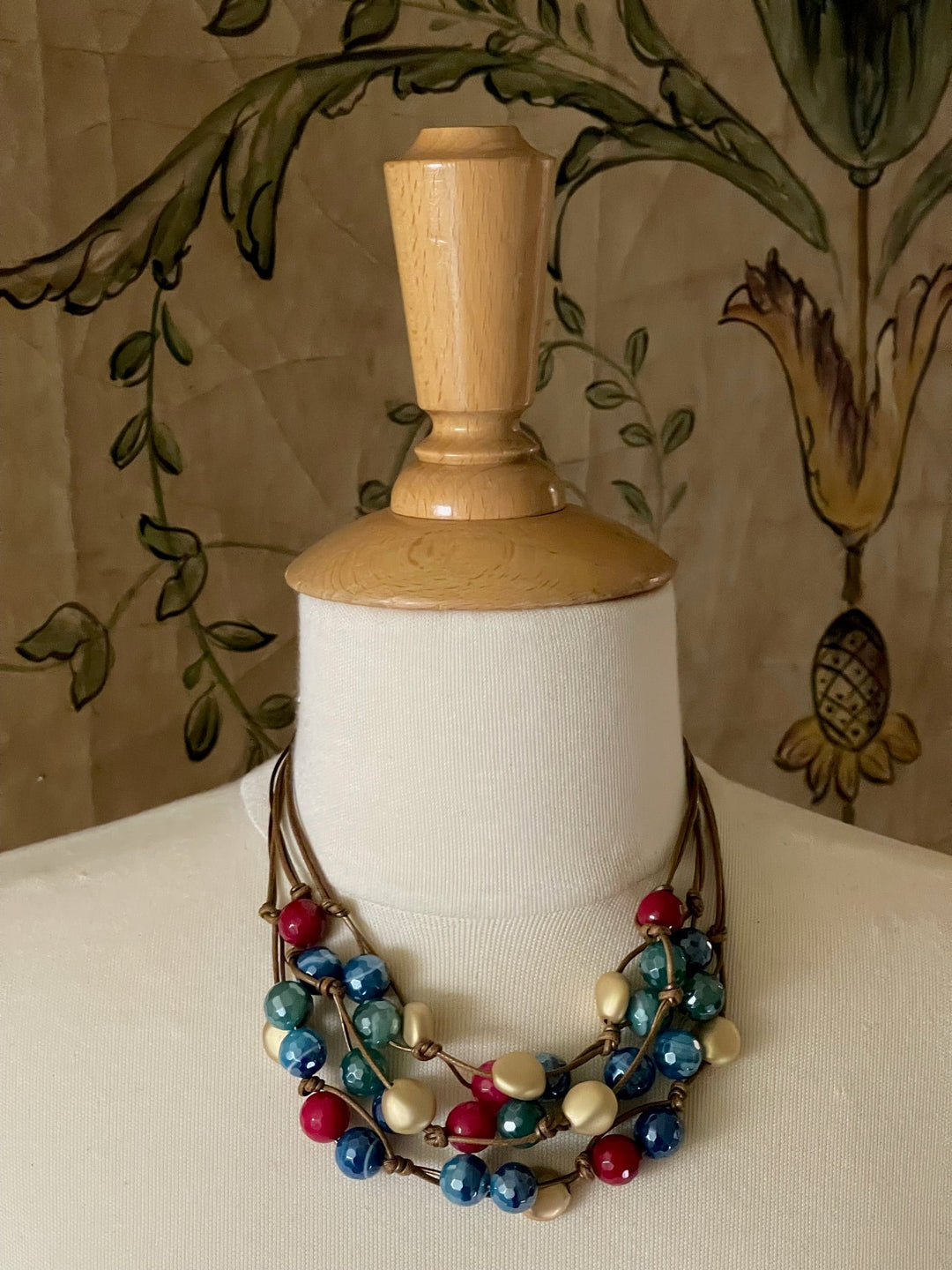 Multi Glazed Agate Bronze Leather and Linen Torsade Necklace