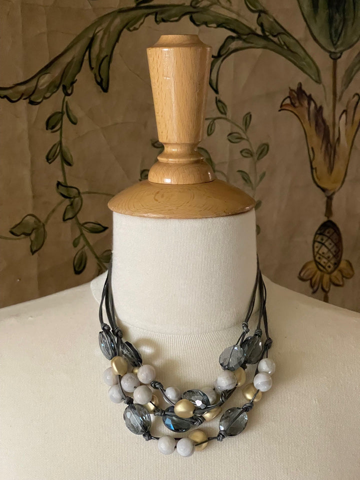 Snowflake Agate Gray Crystal, and Matte Gold Gray Leather And Linen Torsade Necklace