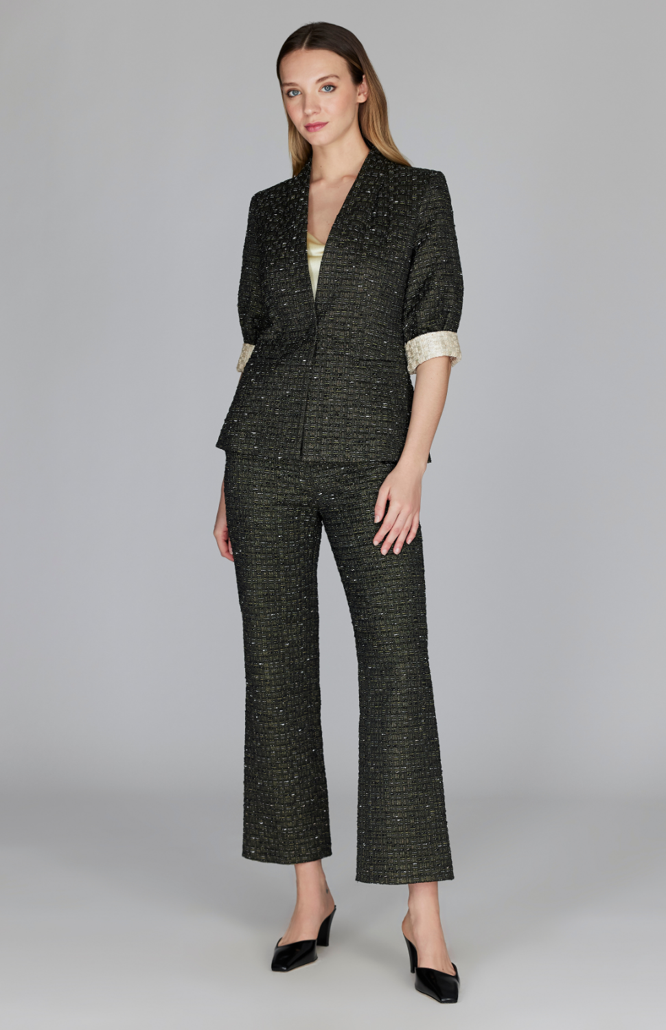 Metallic Tweed Straight Leg Pant w/ Back Zip