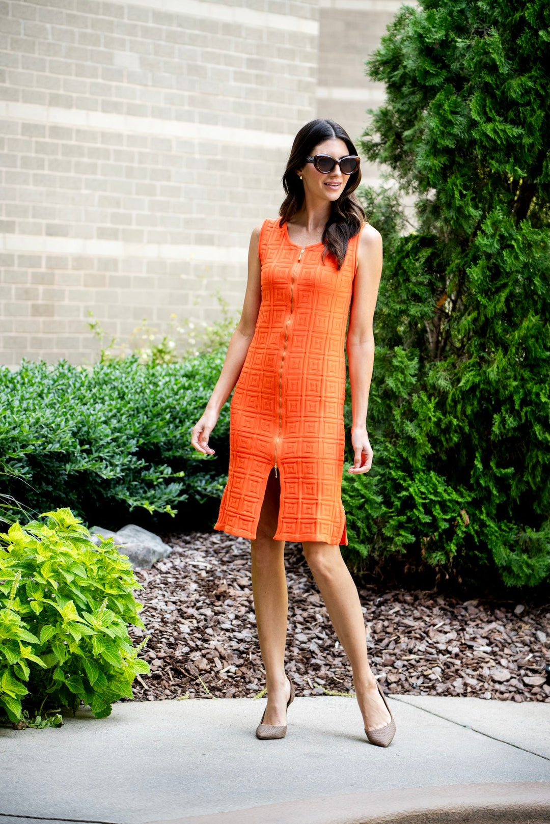 Joyce Square-Detail Knit Zip-front Sheath Dress; Orange