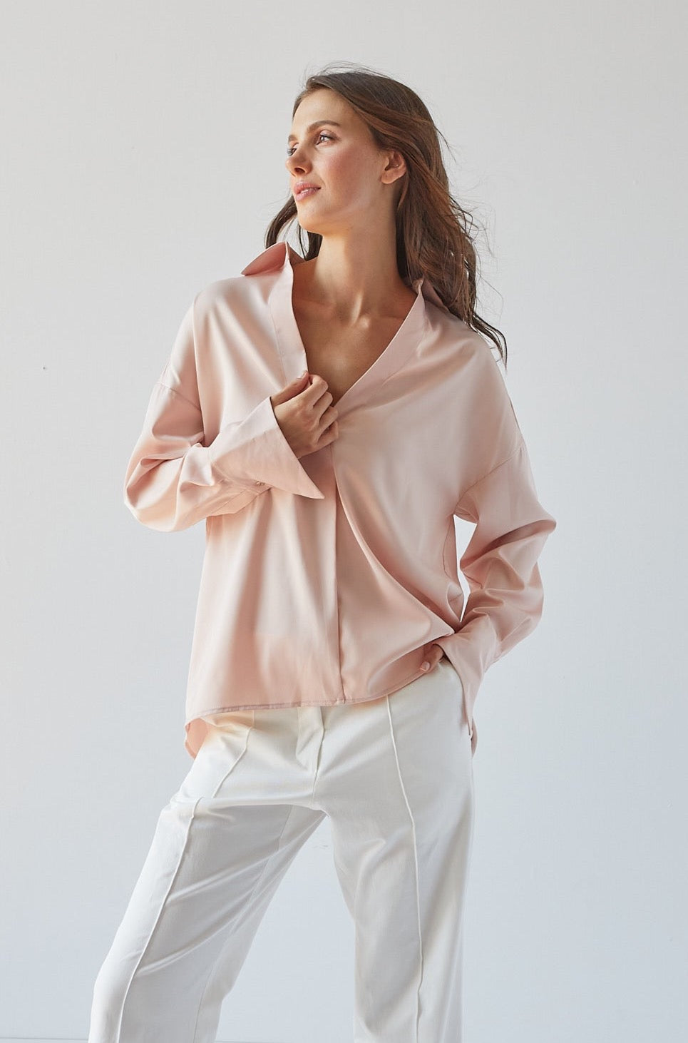 Kay Popover Satin Blouse W/ Long Cuffs