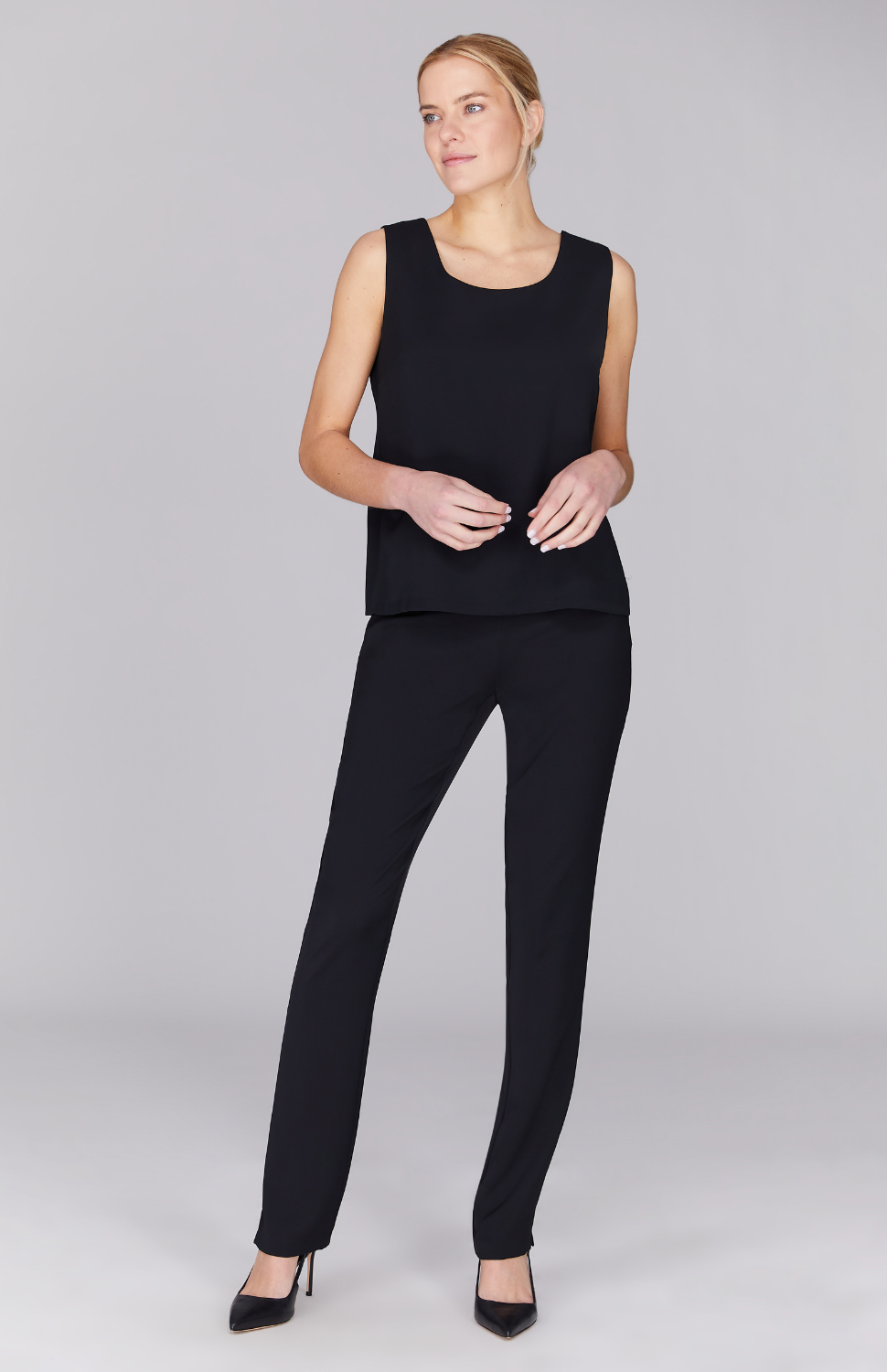 Lustrous Crepe Essential Narrow Leg Pant w/Flat Front, Back Elastic, & Slimmest Fit