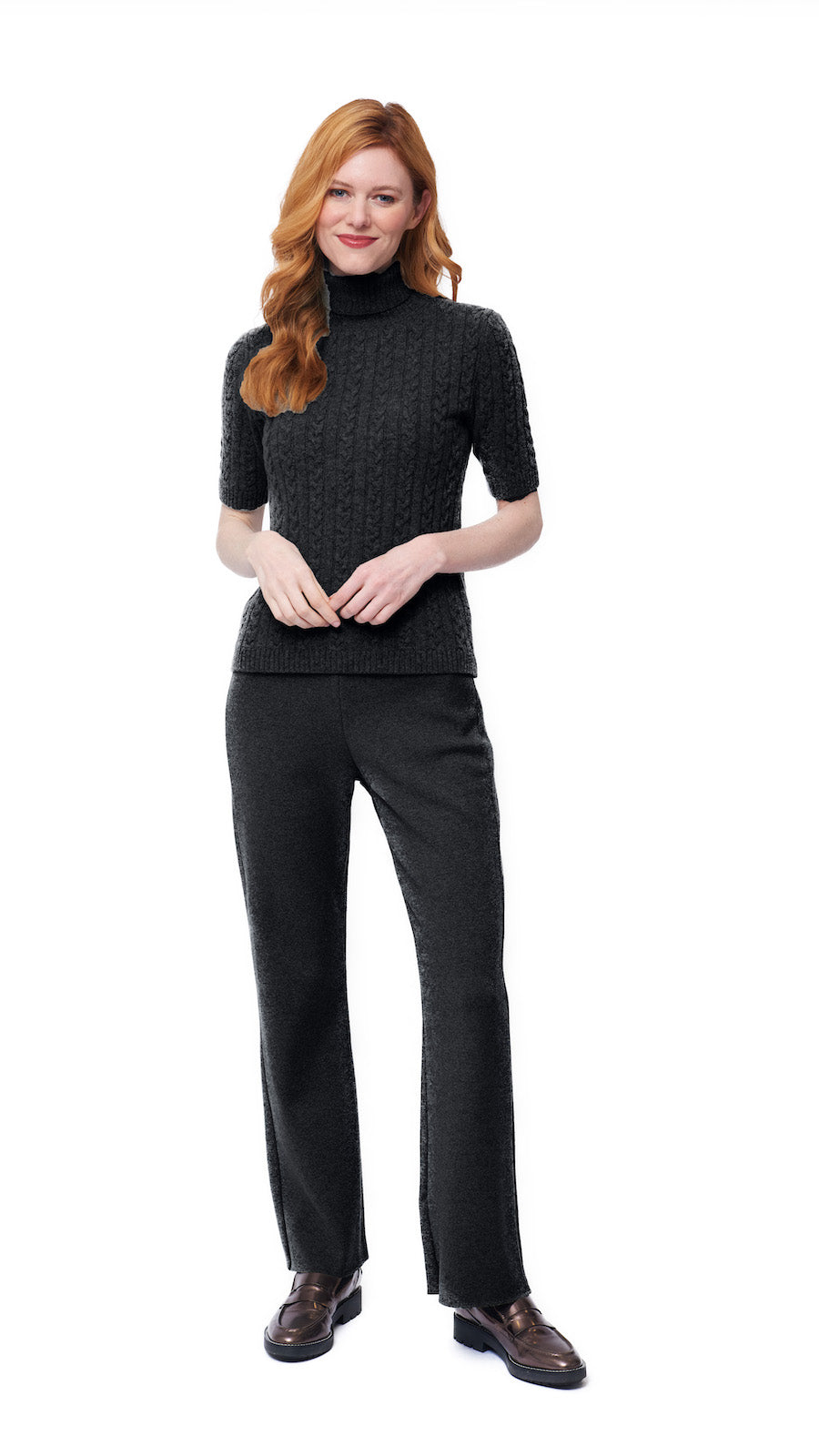 Lea Short Sleeved Cable-Knit Turtleneck, Anthracite