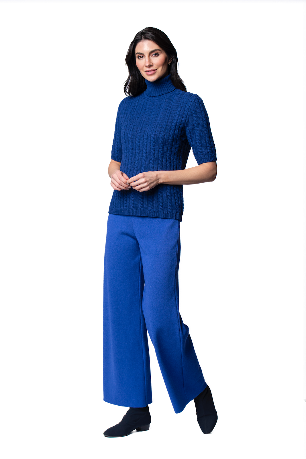 Lilly Short Sleeved Cable-Knit Turtleneck, Dark Royal Blue