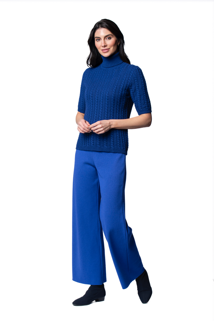 Lilly Short Sleeved Cable-Knit Turtleneck, Dark Royal Blue