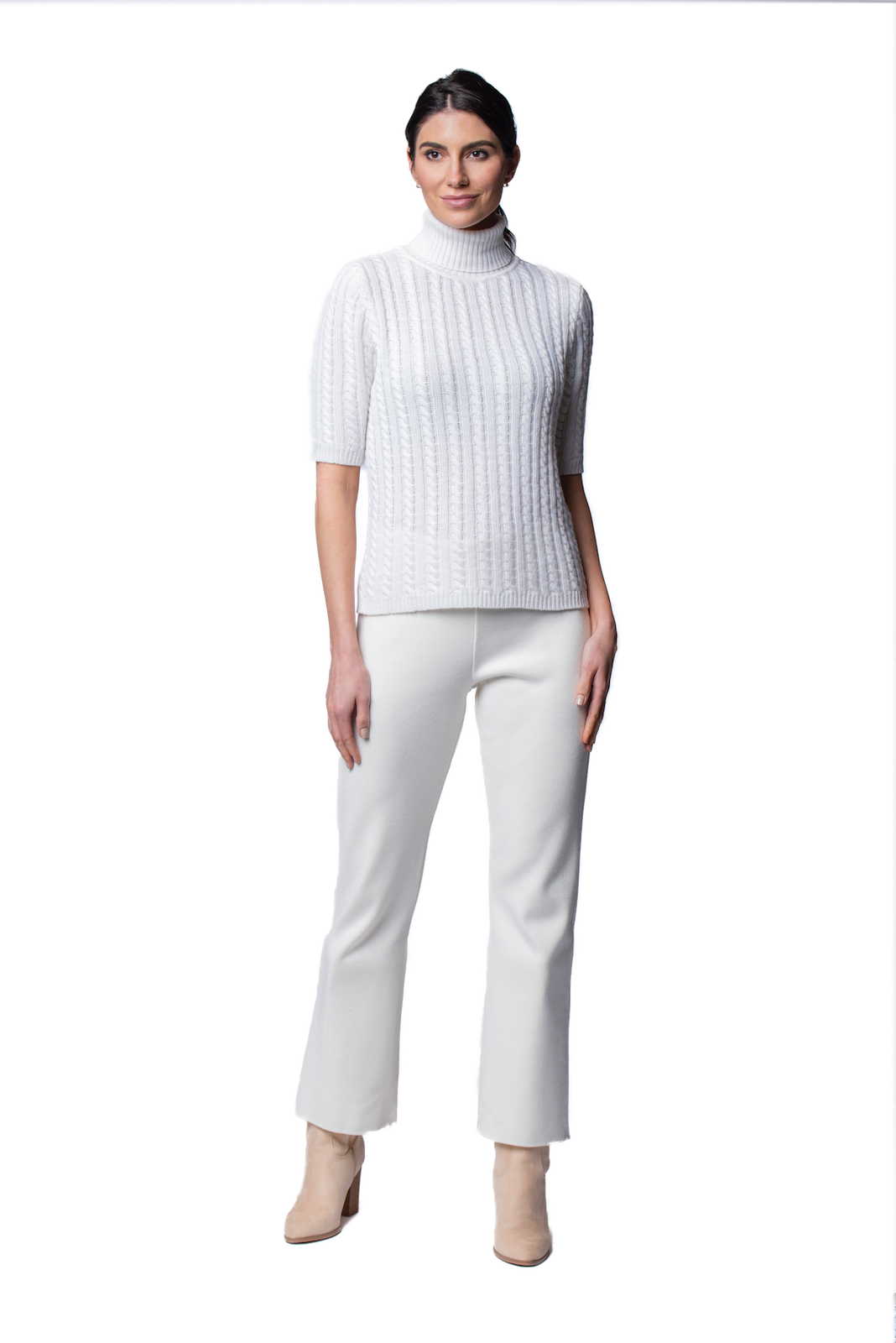 Lilly Short Sleeved Cable-Knit Turtleneck, Winter White