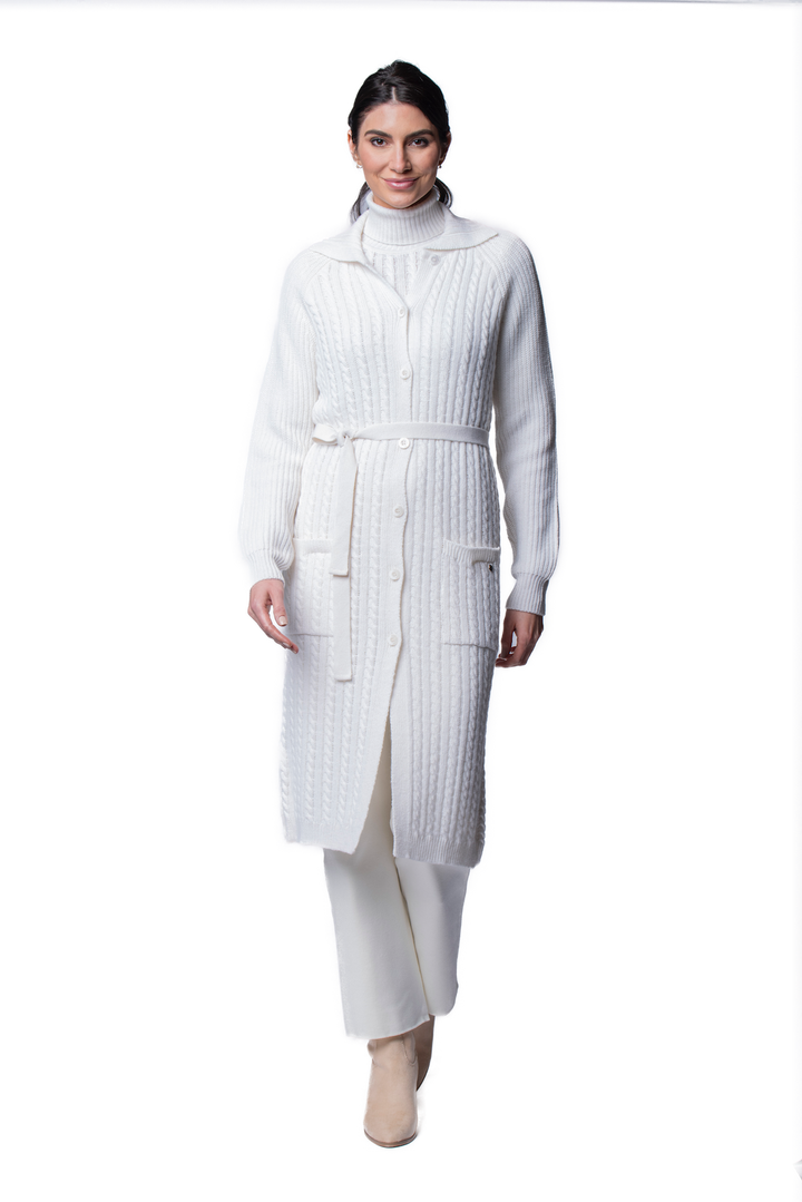 Layla Cable-Knit Belted Coat ; Winter White