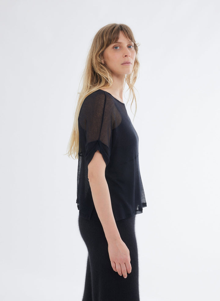 Micro Modal Laser Cut Cashmere Short Sleeve Boatneck Top