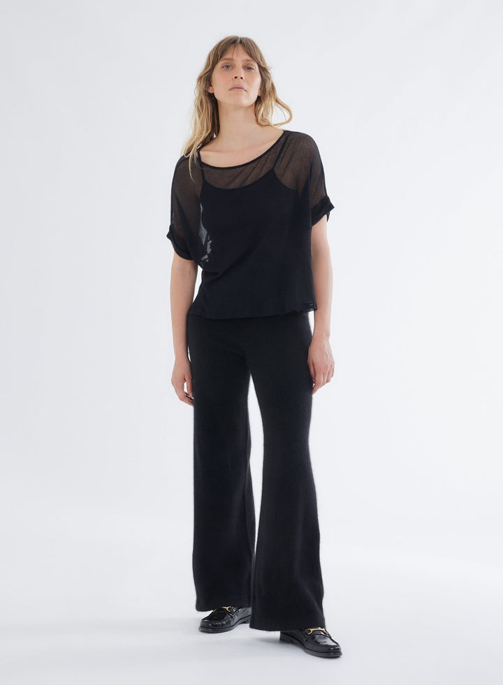 Micro Modal Laser Cut Cashmere Short Sleeve Boatneck Top