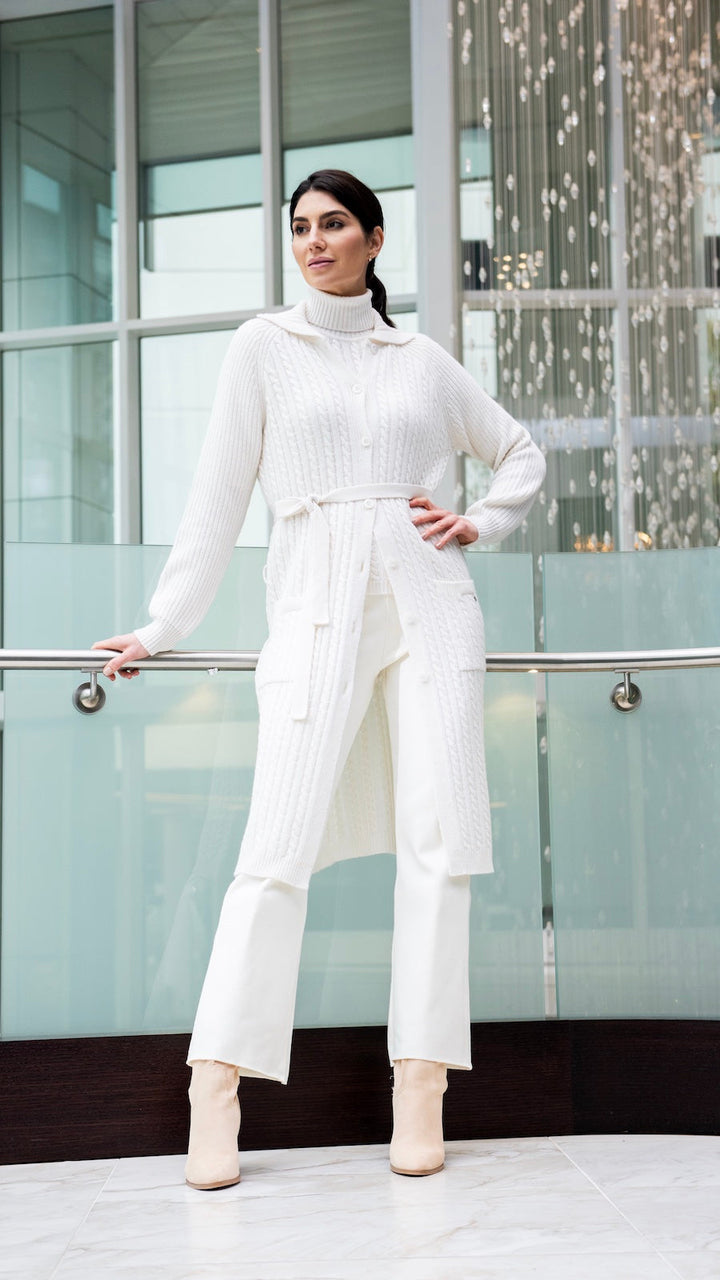 Layla Cable-Knit Belted Coat ; Winter White