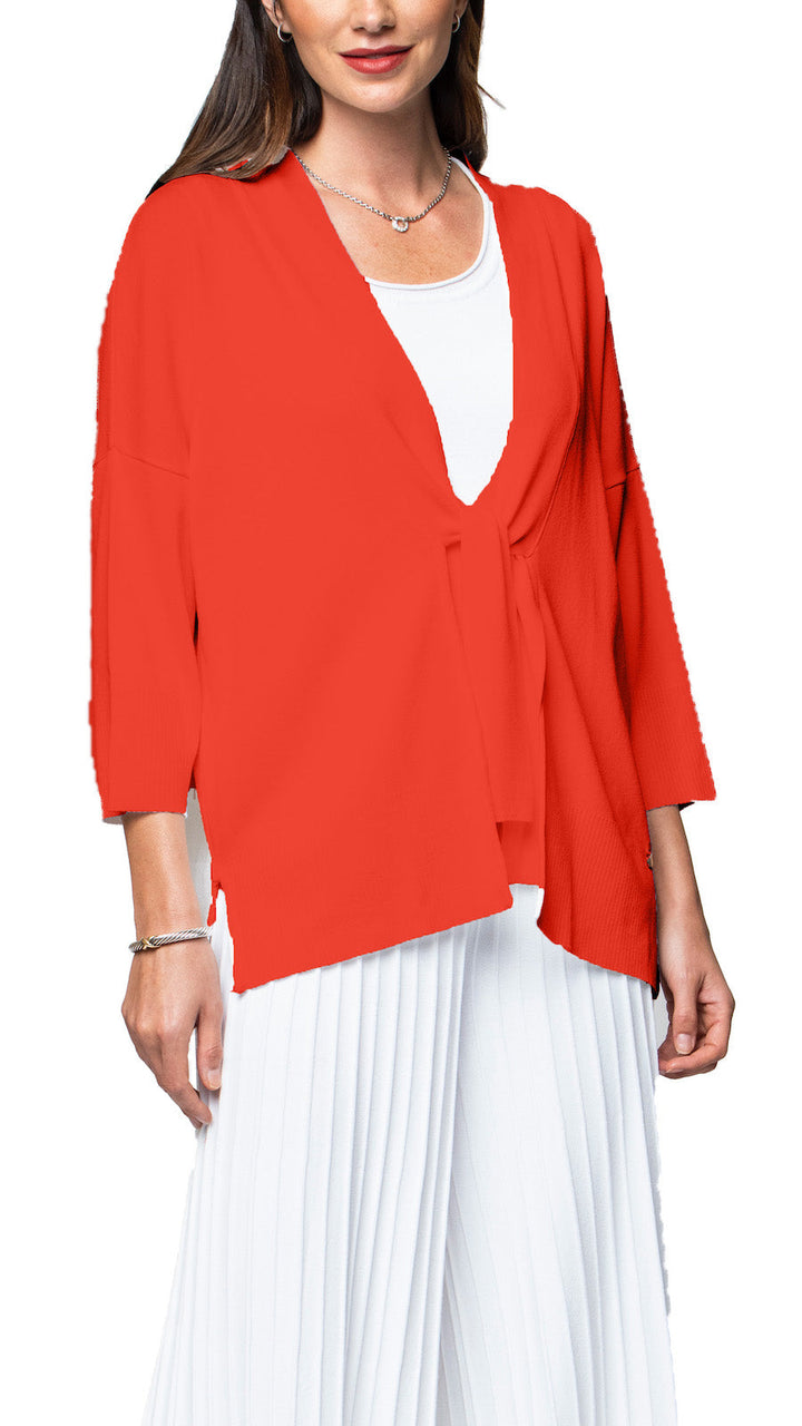 Malia Three-Quarter Sleeved Front-Tie Cardigan; Bright Orange