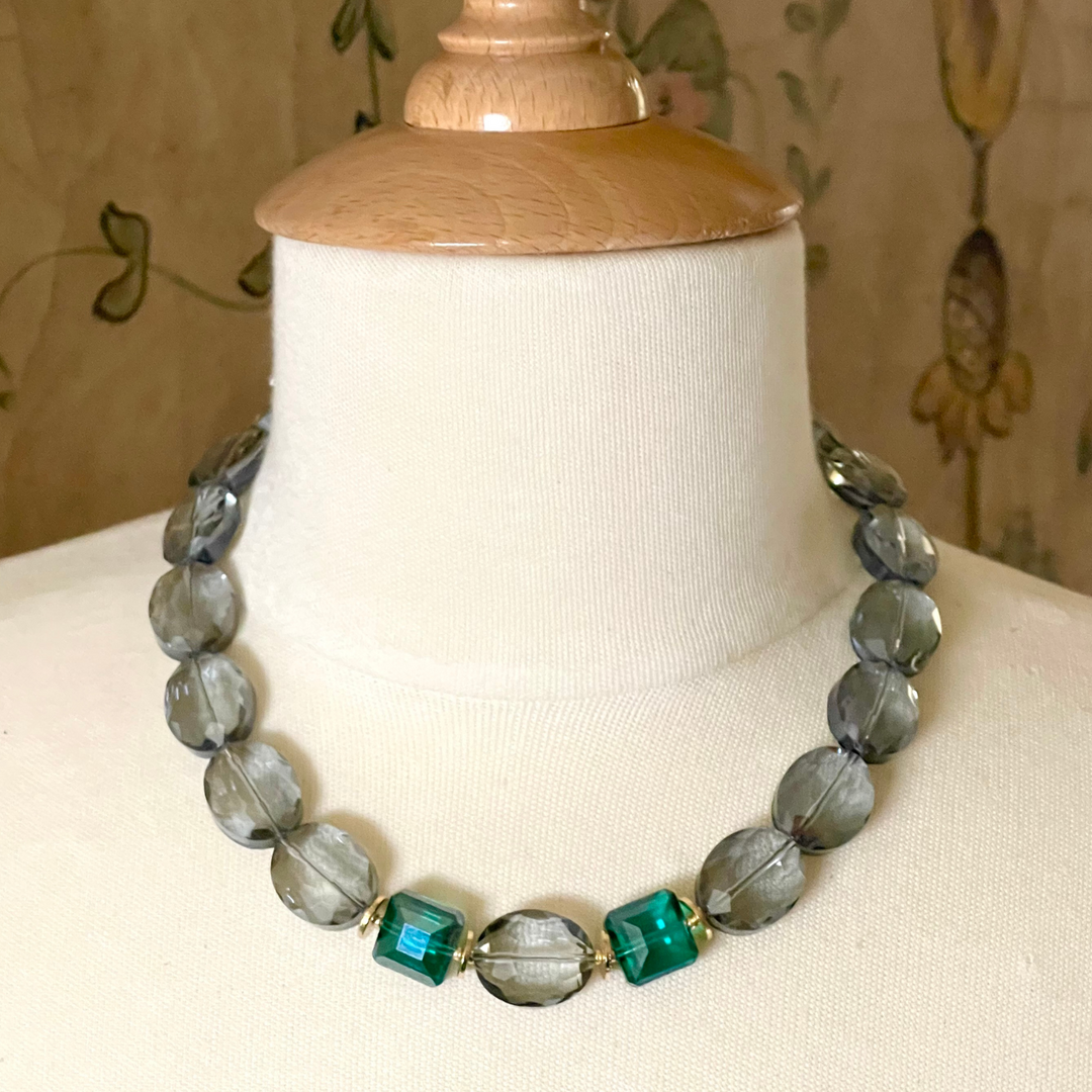 Grey Crystal Necklace with Teal Square Crystal Accents