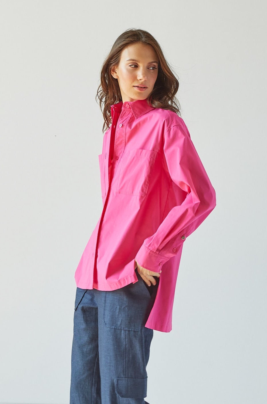 Nubia Button Down Stretch Shirt w/ High Low Hem