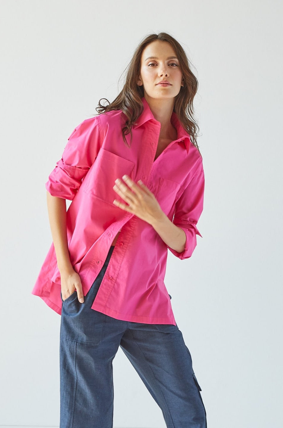 Nubia Button Down Stretch Shirt w/ High Low Hem