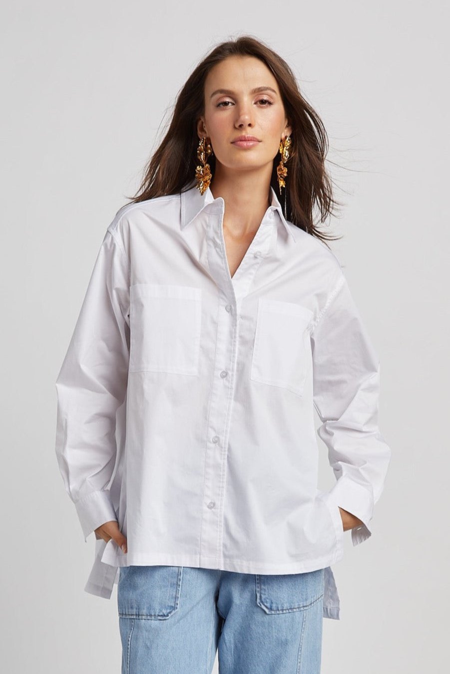 Nubia Button Down Stretch Shirt w/ High Low Hem