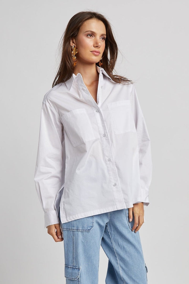 Nubia Button Down Stretch Shirt w/ High Low Hem