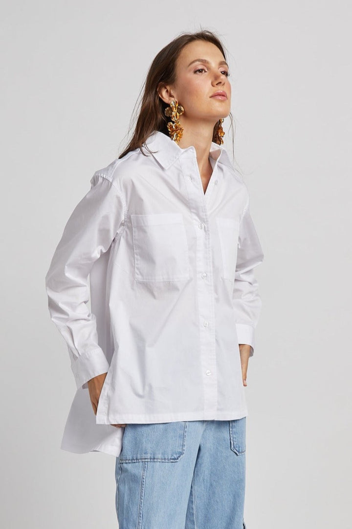 Nubia Button Down Stretch Shirt w/ High Low Hem