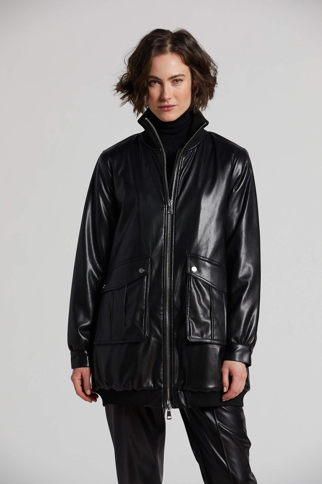 Petra Long Vegan Leather Bomber Jacket