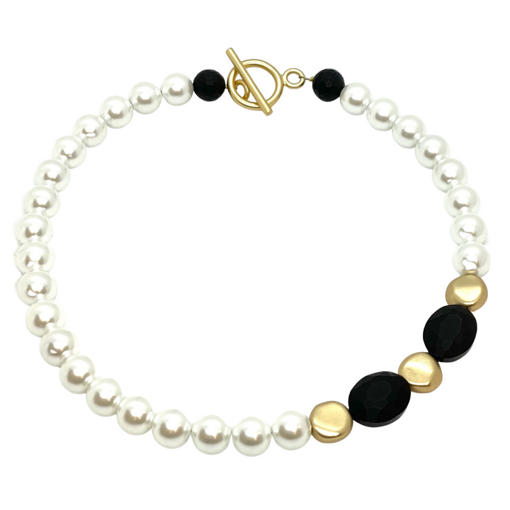 White Glass Pearl And Matte Black Crystal With Gold Side Accent Necklace