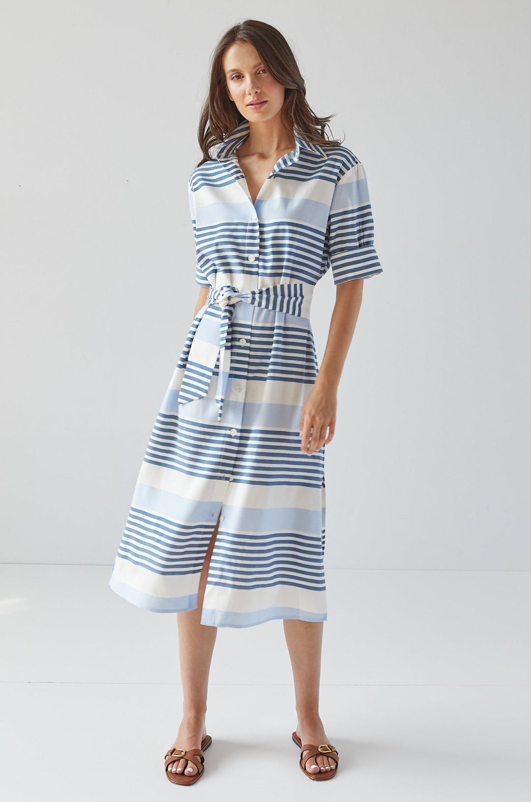 Randi Long Buttoned Shirt Dress w/ Sash & Side Pockets