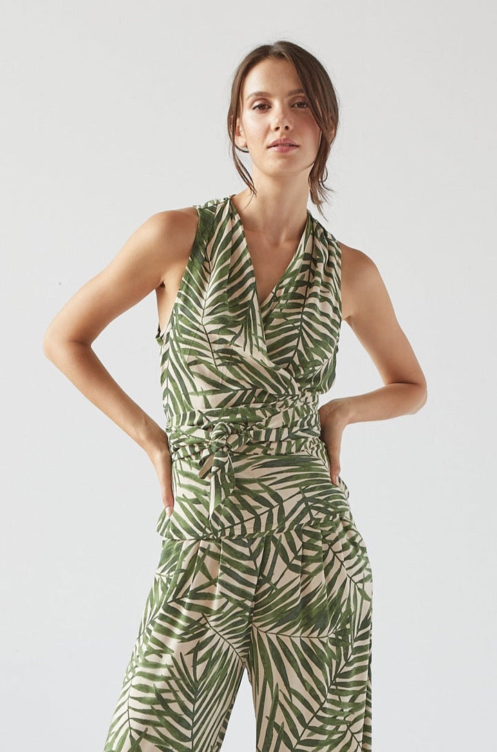 Remi Sleeveless Wrap Top w/ Sash & Leaf Motif